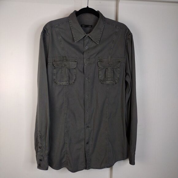 John Varvatos Cotton Button Up Shirt Mens Sz L Green Patch Pocket Casual Rocker - Picture 1 of 7